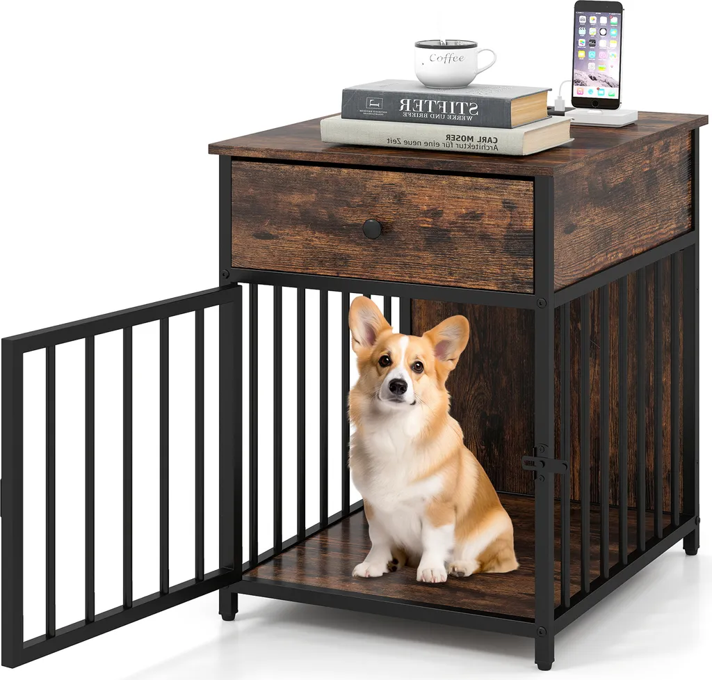 Gabbia per cani COSTWAY, box per cani con stazione di ricarica, porta, cassetto e tubi in metallo, tavolino per cuccia per cani, marrone vintage, 50x60x64cm
