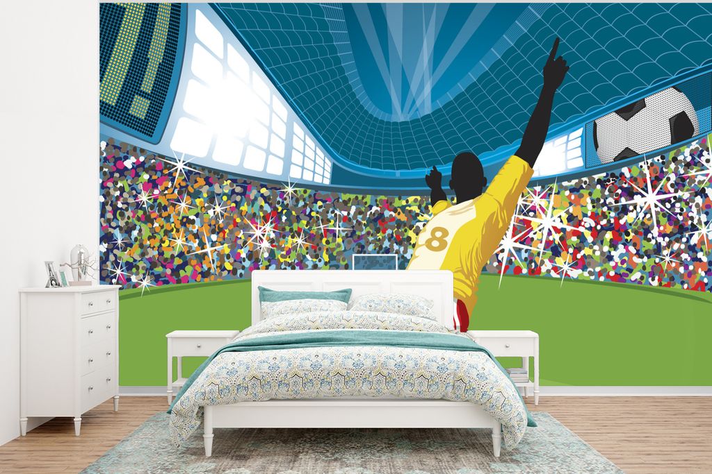 MuchoWow Fototapete für Wohnzimmer oder Schlafzimmer Wandtapete Vinyl Motivtapete Ein Fußballspieler feiert sein Tor im Fußballstadion - 400x3...