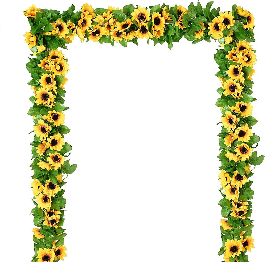 LITZEE 4 Stück Künstliche Sonnenblumen-Girlande, Seiden-Sonnenblumen Weinrebe, künstliche Blumen mit grünen Blättern, Hochzeitstisch Dekoration