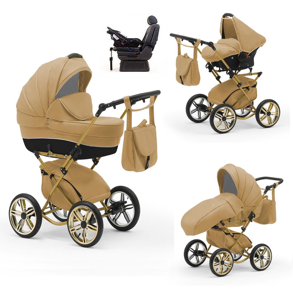 Klassischer Kinderwagen Sorento Gold 5 in 1 inkl. Sportsitz, Autositz und Iso Base in 19 Farben