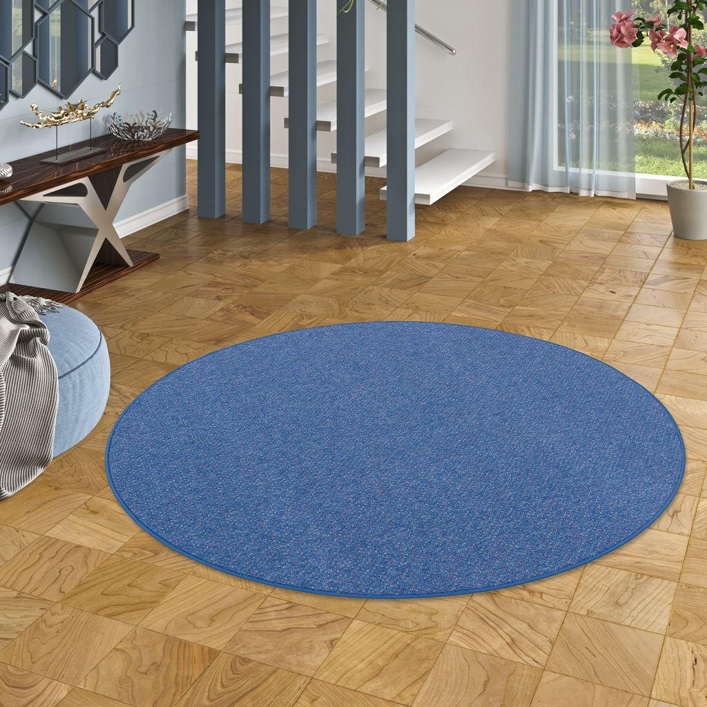 Schlingen Teppich Alma Blau Meliert Rund, Größe:200 cm Rund