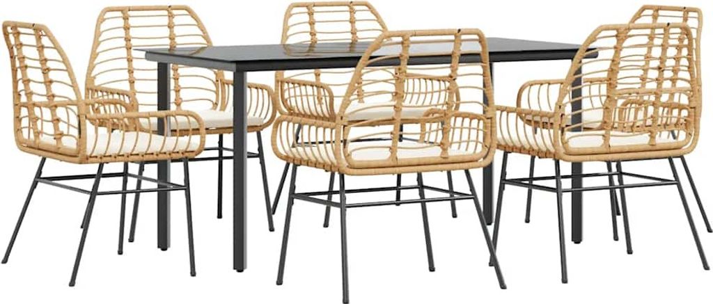 vidaXL 7-tlg. Garten-Essgruppe mit Kissen Braun Poly Rattan Glas