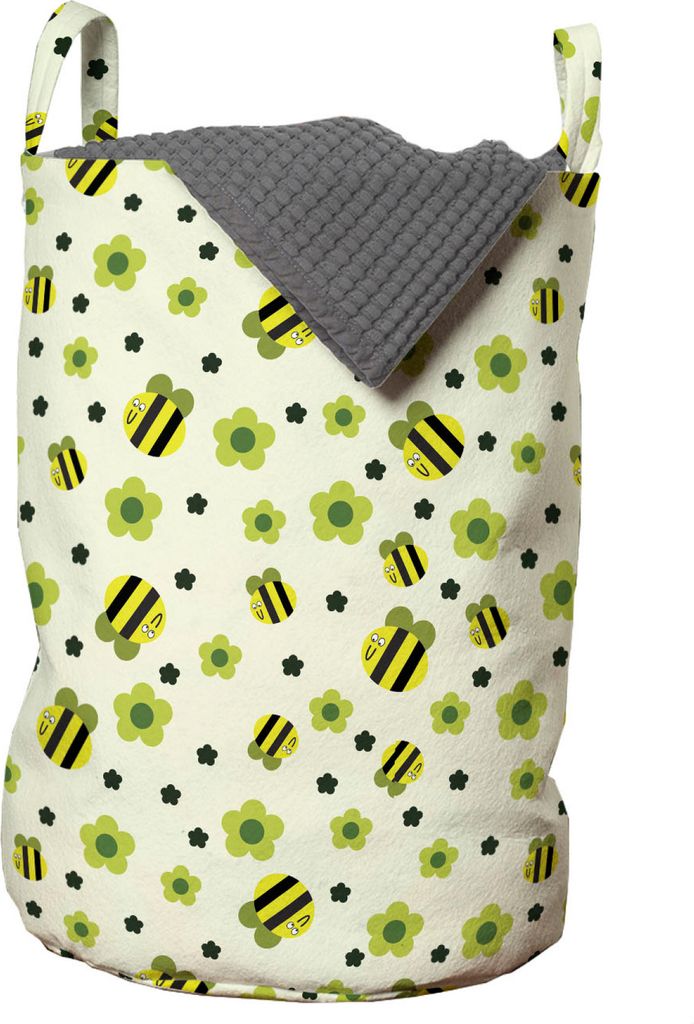 ABAKUHAUS Blumen Insekten Wäschesack, Bee Motive, Wäschekorb mit Griffen Kordelzugverschluss für Waschsalons, 33 cm breit x 49 cm hoch, Apple-Gr...