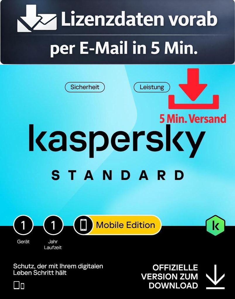 Kaspersky Mobile Standard (1 Device - 1 Jahr) EU ESD Antivirus Sicherheit 5 Min. Versand als Download per Mail