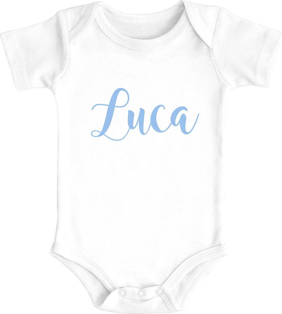 Baby Body mit Namen bedrucken lassen eigener Name Wunschname kurzarm Baumwolle SpecialMe weiß/blau 0-3 Monate