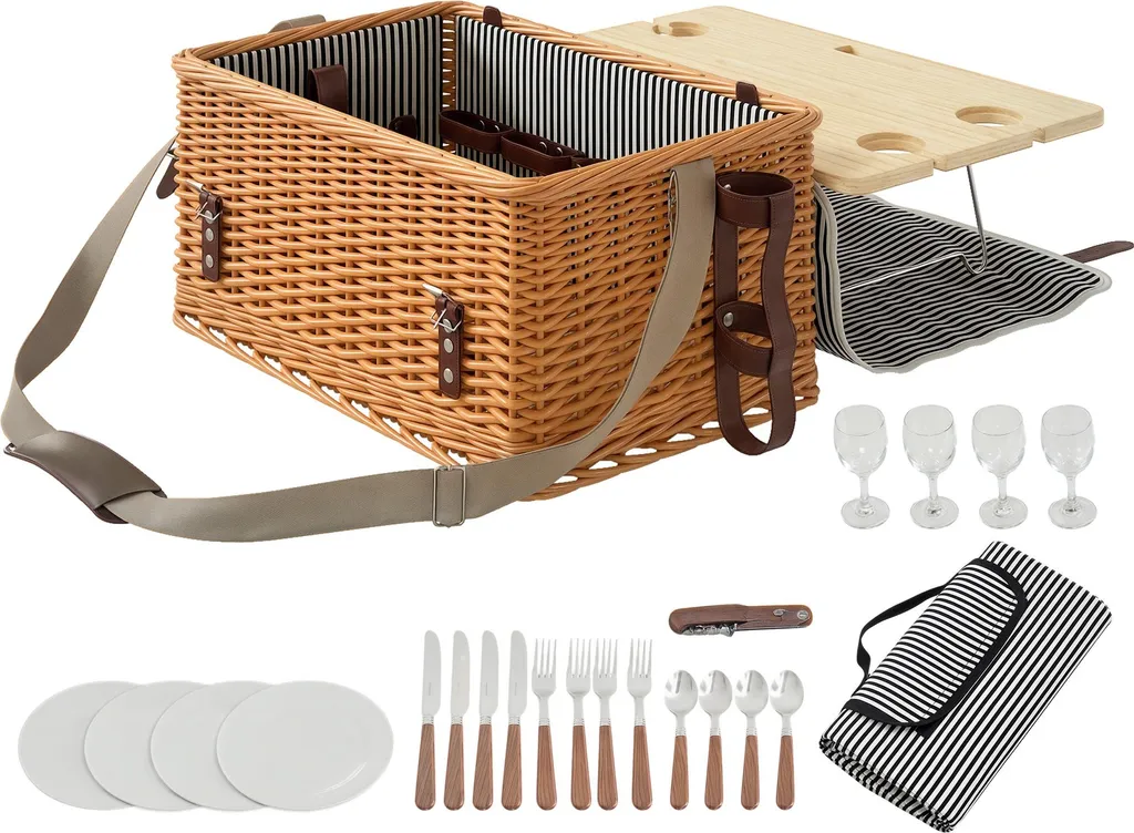 Panier Pique-nique 4 Personnes avec Table à Vin et Sangle Ajustable