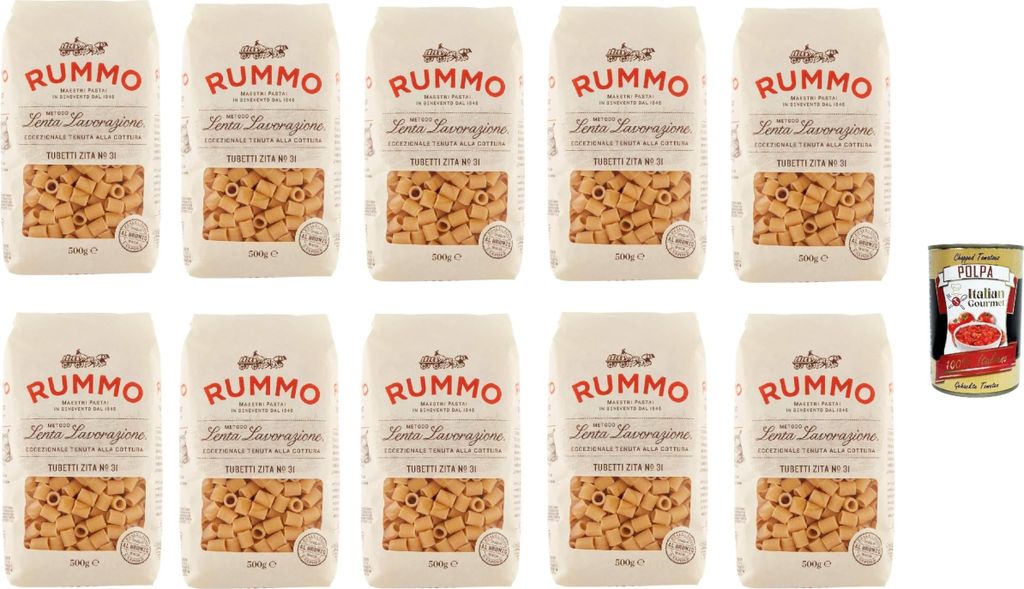 Rummo Tubetti zita n° 31 Pasta Lenta Lavorazione Teigwaren aus Hartweizengrieß Bronze-Zeichnung 10x 500g + Italian Gourmet polpa 400g
