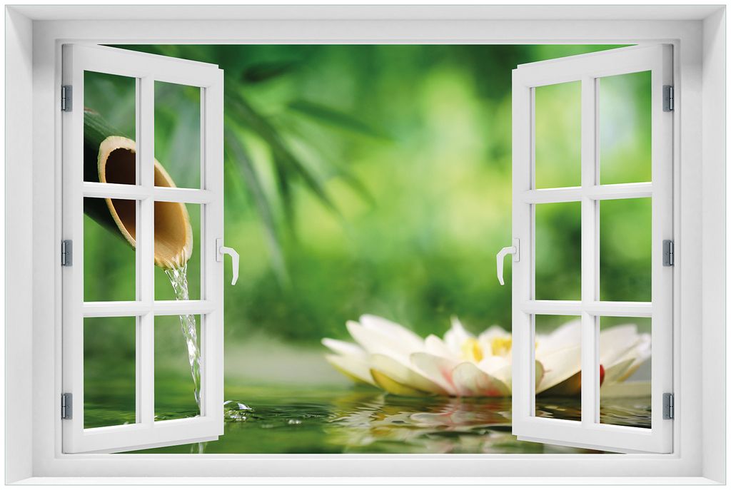 Wallario Premium Glasbild mit Fensterrahmen, freischwebende Optik, kräftige Farben, Größe 60 x 90 cm Motiv Seerosen und Bambus auf dem Wasser