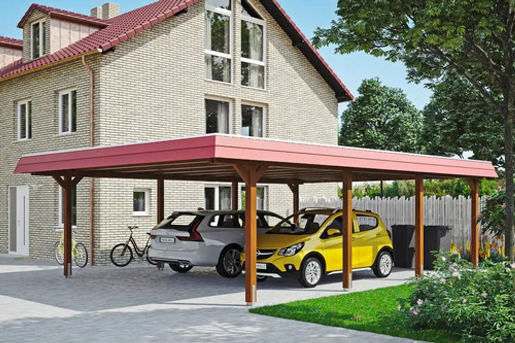 Doppelcarport SKAN HOLZ Wendland rote Blende inkl. Pfostenanker, EPDM Folie 630 x 879 cm nussbaum
