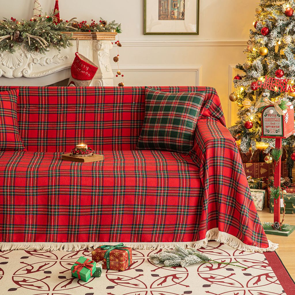 Weihnachtsdeko Kuscheldecke 180x260cm, Weihnachten Karierte Quasten Sofabezug Sofadecken Sofaüberwurf Decke für Couch Bett Sofa Dekorationen, Rot