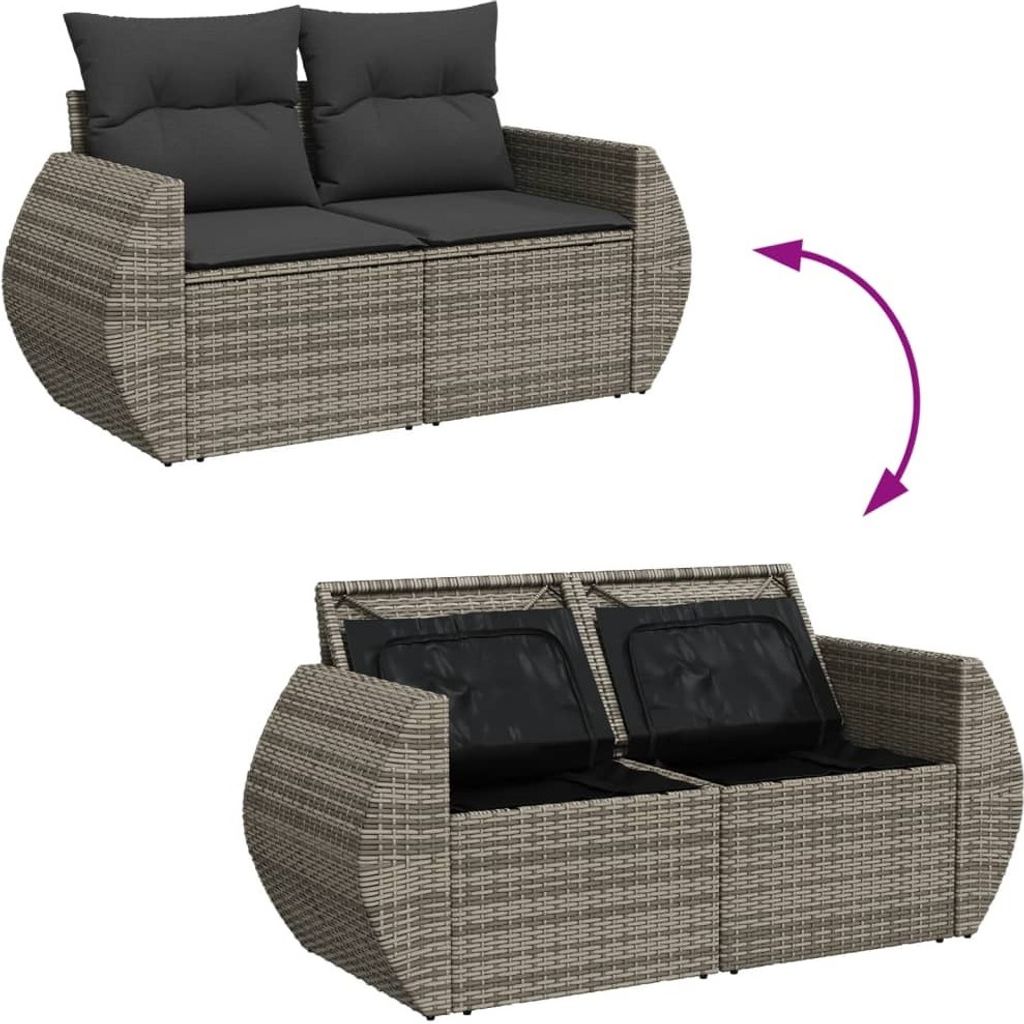 vidaXL Gartensofa 2-Sitzer mit Kissen Grau Poly Rattan Produktbild 8
