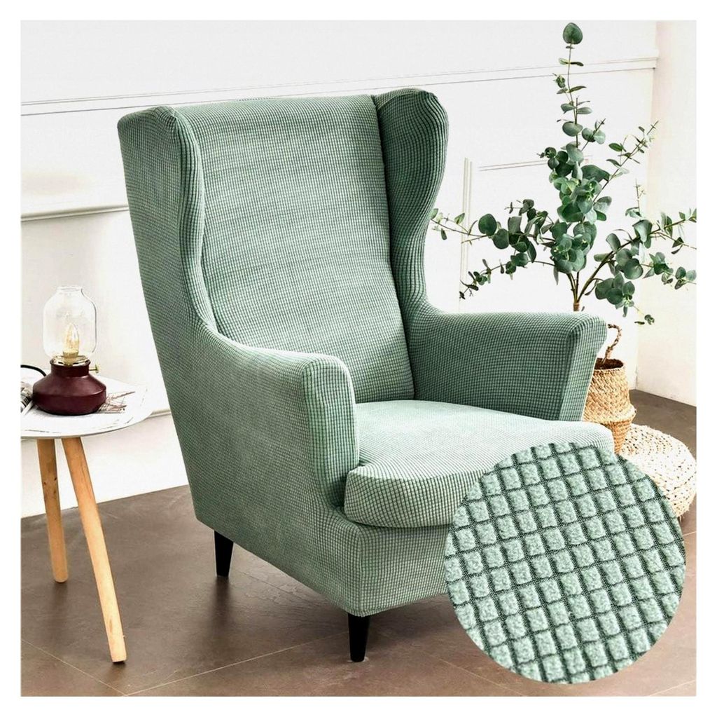2-teilige Ohrensesselbezug, einfarbige Jacquard Schonbezüge für Ohrensessel mit Armlehne und hoher Rückenlehne (Matcha-Grün)