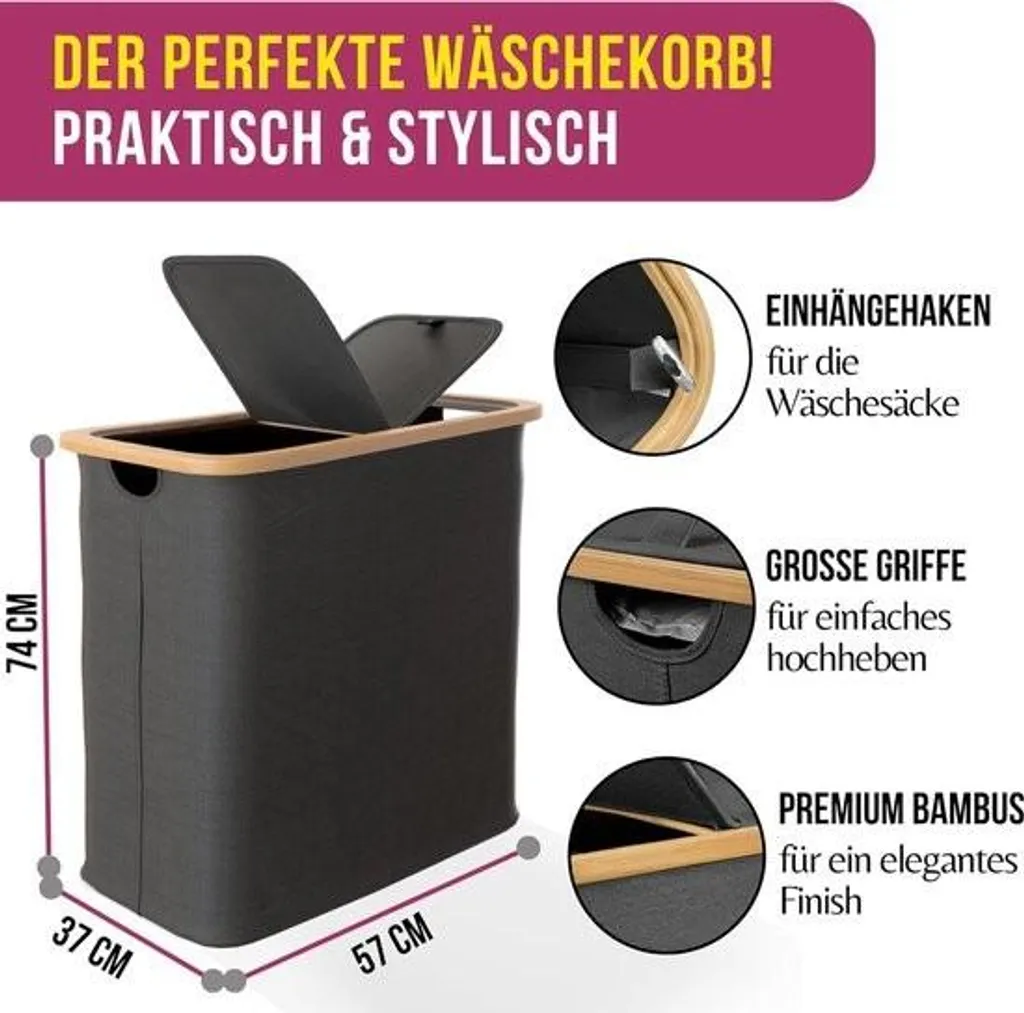 Panier à linge XXL 150L en bambou gris anthracite avec 2 compartiments
