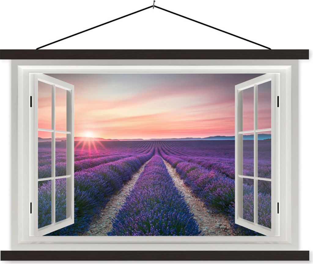MuchoWow Textilposter Vista - Sonnenuntergang - Lavendel 90x60 cm mit schwarzem Rahmen - Aufhängungssatz