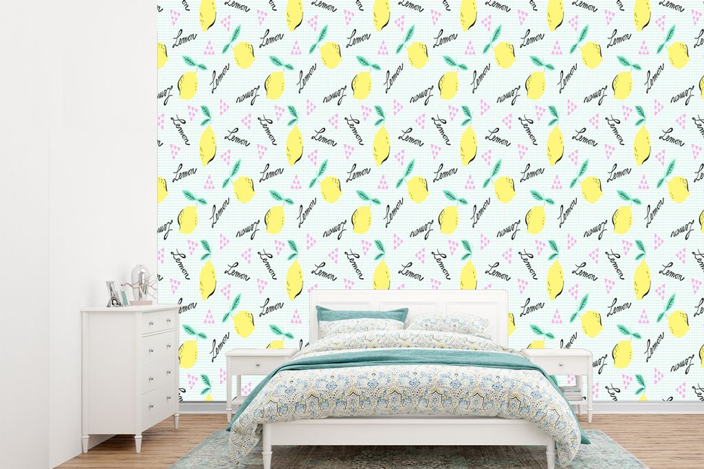 MuchoWow Fototapete für Wohnzimmer oder Schlafzimmer Wandtapete Vinyl Motivtapete Hipster - Zitrone - Pastell - Muster - 330x240 cm - Vinyltapete