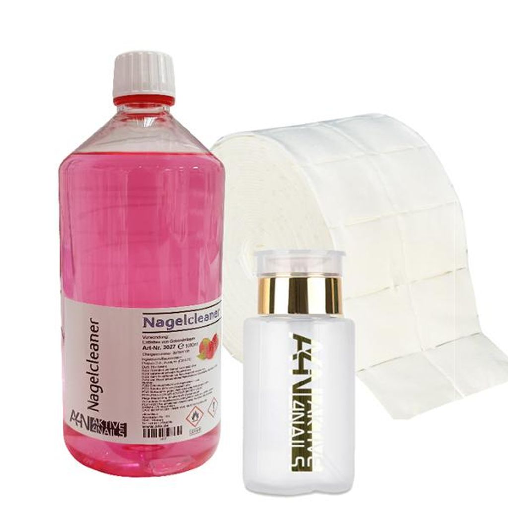 aktive4Nails Nagel Cleaner Set Himbeer 1000ml + Dispenser Pumpflasche Gold Edition 160ml + 500 Zelletten Cellulose Pads 70% Isopropanol Nagelentfetter