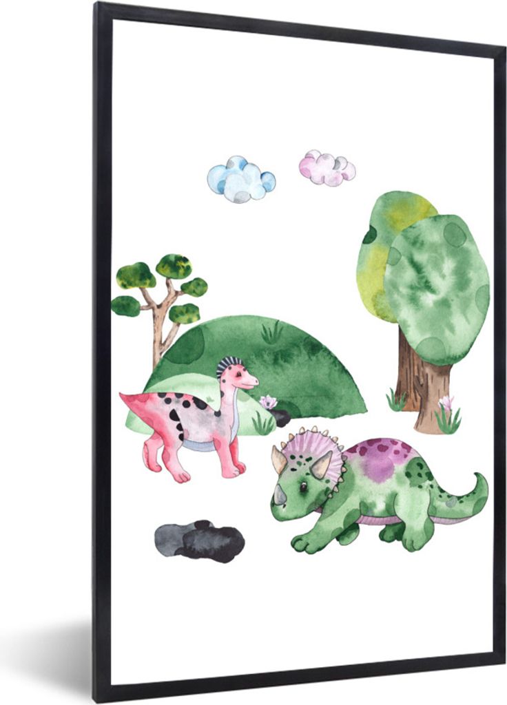 MuchoWow Gerahmtes Poster Dinosaurier - Kinderzimmer - Wolken - Jungen - Mädchen - Kinder - Kinder 40x60 cm - Poster mit Schwarzem Bilderrahmen ...