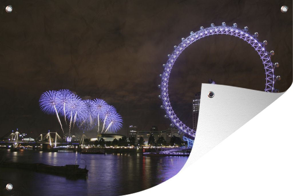 MuchoWow 60x40 cm Outdoor-Poster Gartendeko Sichtschutz Garten Poster für den Garten Lila Feuerwerk und ein lila London Eye am Abend in London