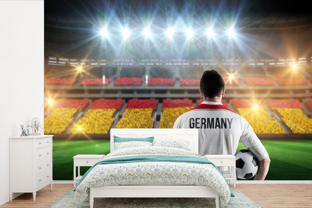 MuchoWow Fototapete für Wohnzimmer oder Schlafzimmer Wandtapete Vinyl Motivtapete Deutsche Flagge im Stadion - 450x300 cm - Gemusterte