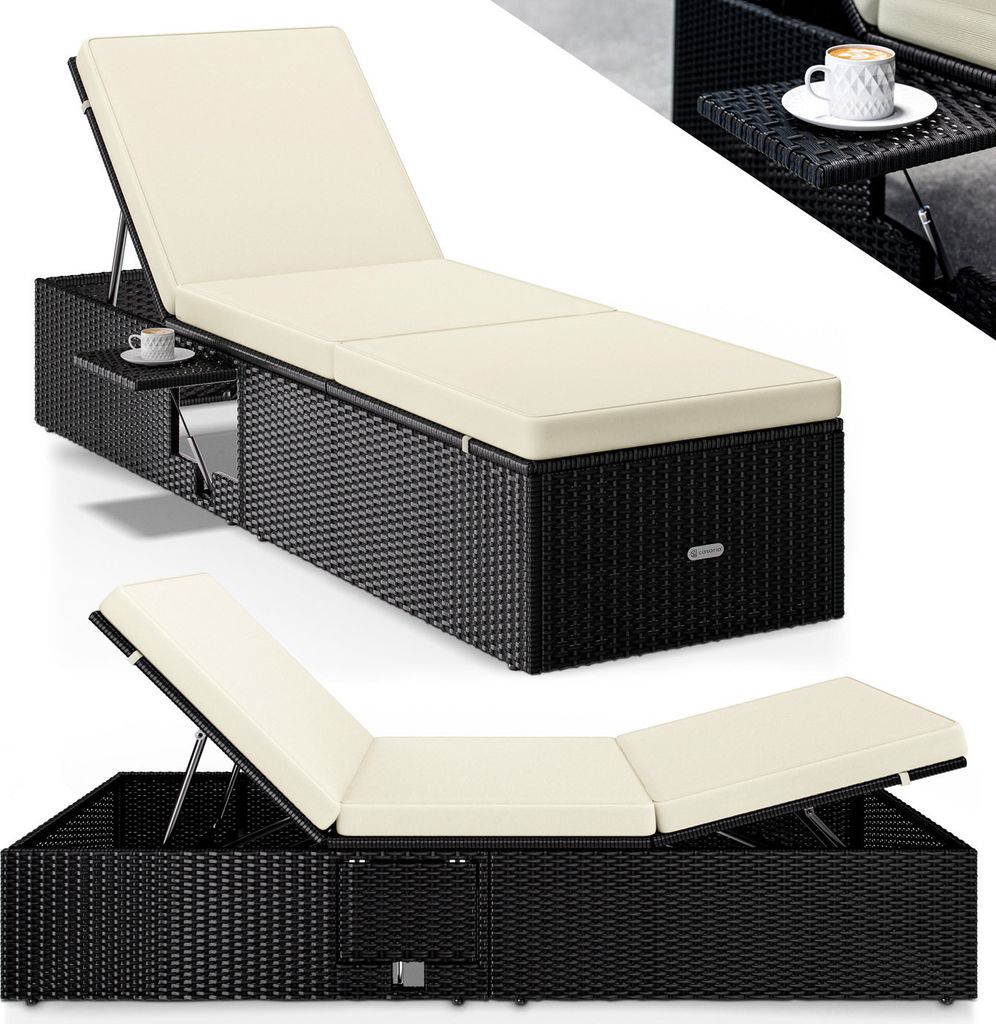 CASARIA Sonnenliege mit Klapptisch Wetterfest 7cm Auflagen Gartenliegen 160kg Belastbar 7-fach Verstellbar Liegestuhl Polyrattan Schwarz Creme 20...
