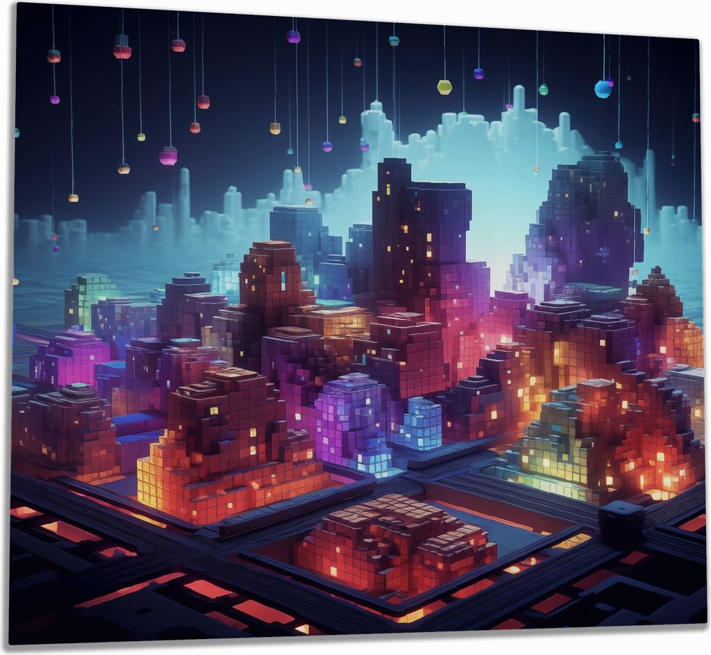 Wallario Herdabdeckplatte aus Glas, Größe 60 x 52 cm 1-teilig, Motiv Leuchtende Pixelstadt
