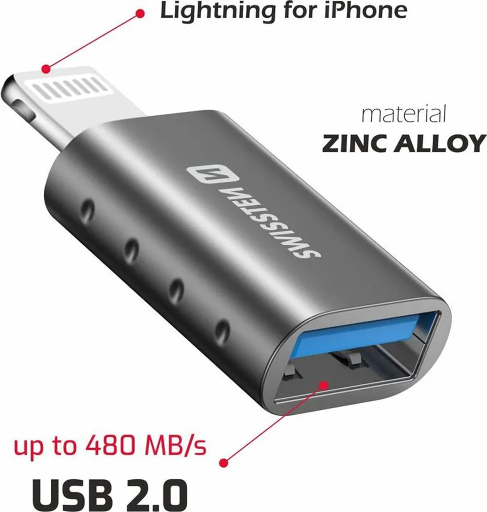 Adattatore Lightning / USB OTG per trasferimento dati e ricarica, Swissten - Nero - 10
