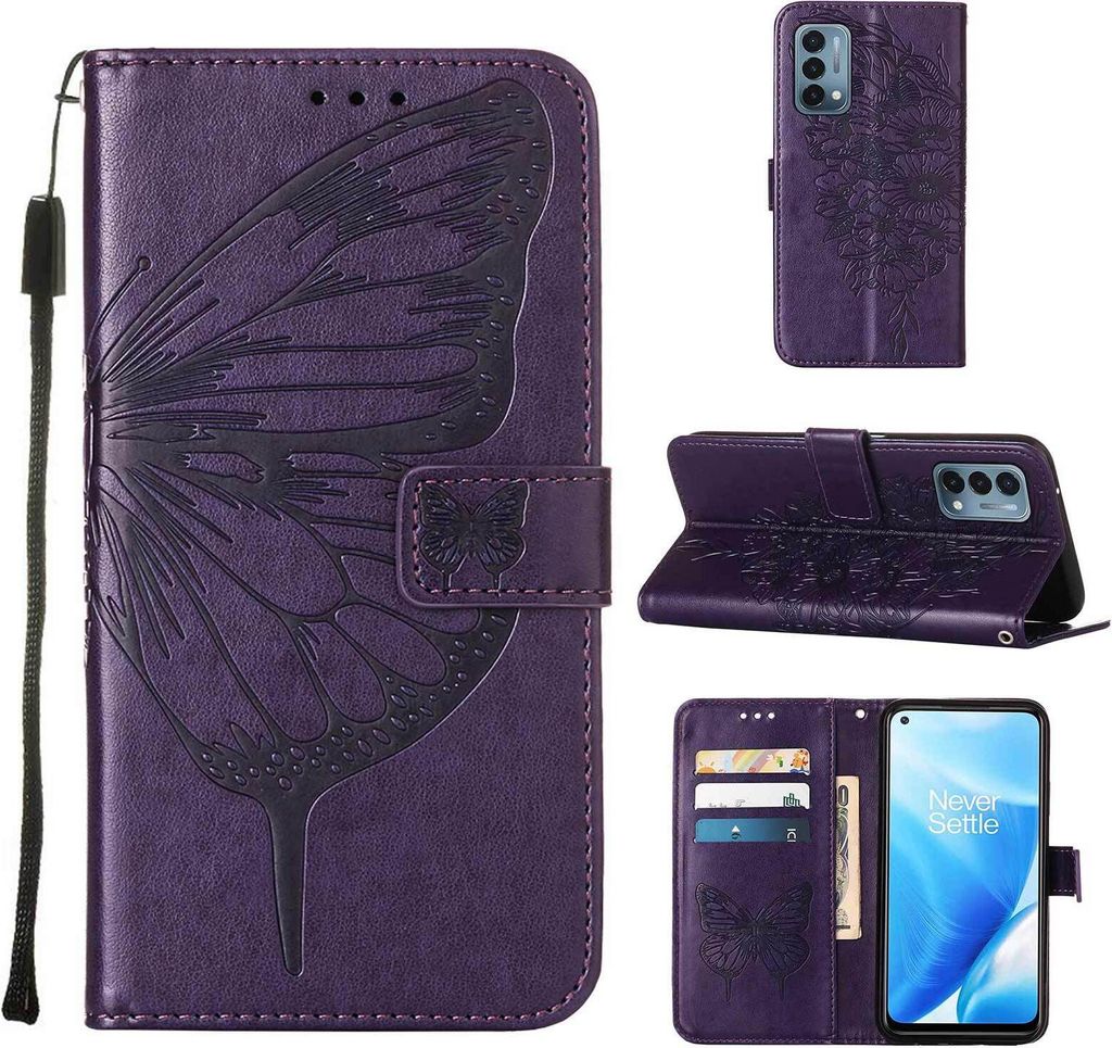 OnePlus Nord N200 5G Hülle, Schmetterling Prägung Flip Leder Kartenfächer Schutzhülle Ledertasche mit Ständer für OnePlus Nord N200 5G Lila