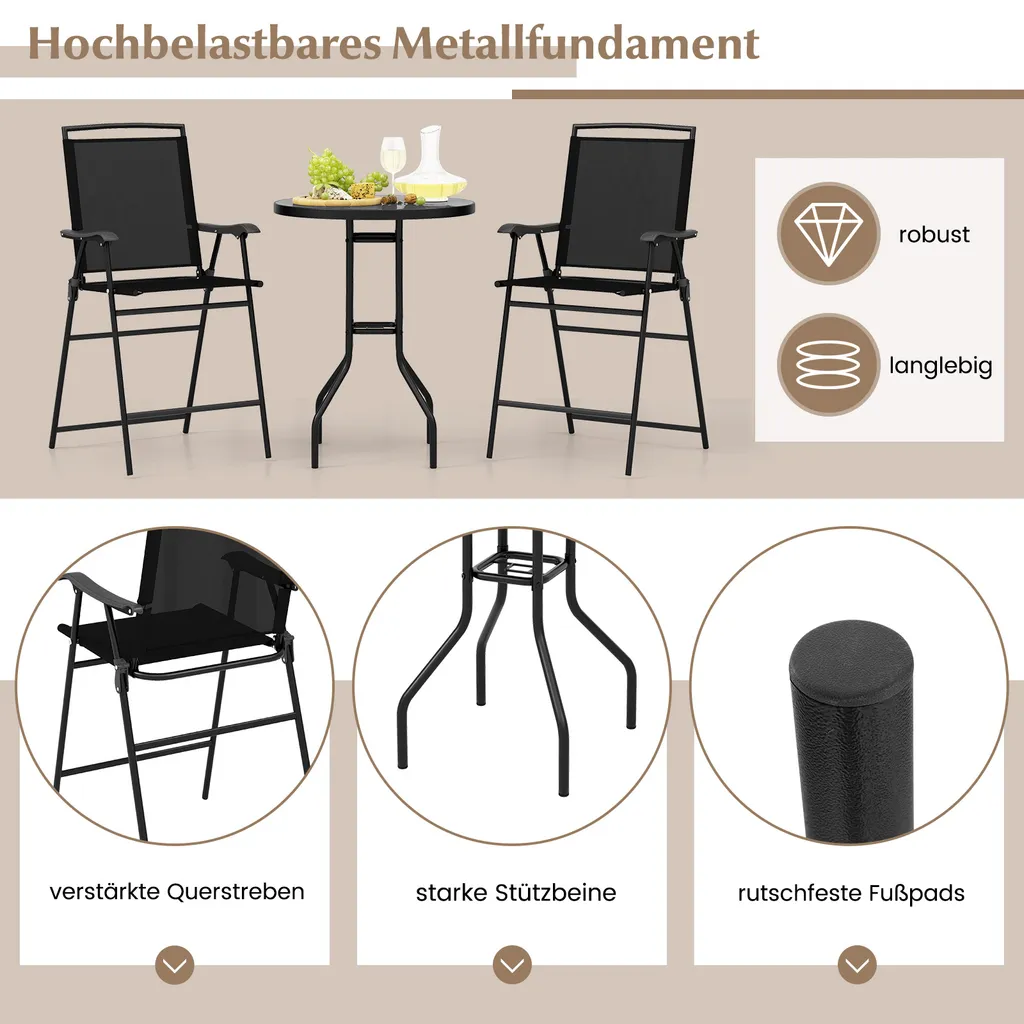 Ensemble Table de Balcon et 2 Chaises Pliantes pour Petits Espaces Noir - 5