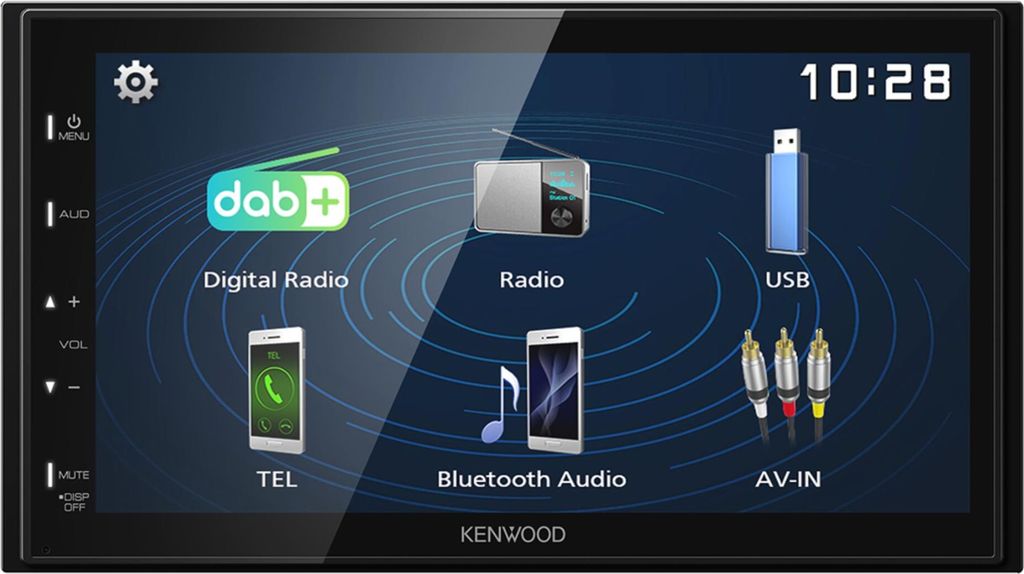 A car stereo display showing various input options.