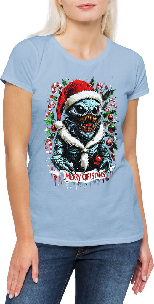 Urban Backwoods Merry Christmas Monster, Damen T-Shirt, Farbe: Hellblau, Größe: L