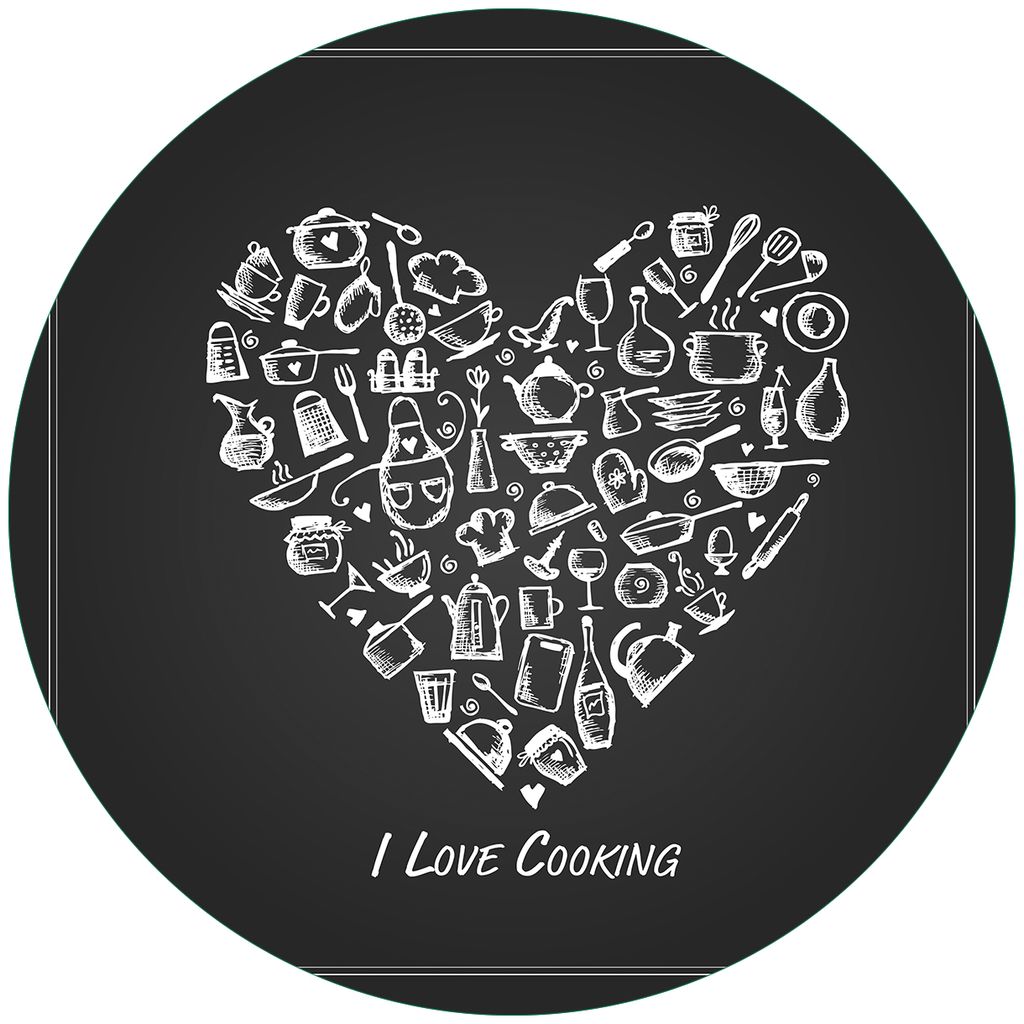 Wallario Premium Glasbild, freischwebende Optik, kräftige Farben, rund 50cm Durchmesser, Motiv I Love Cooking - Herz aus Küchenutensilien in schw...