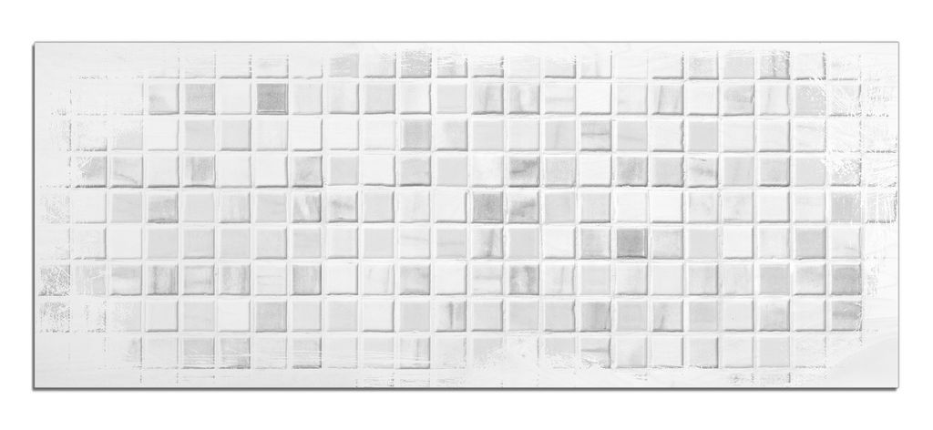 Wallario Kunstdrucke Wandbilder Holz in : Brillante Farben, Größe 50 x 125 cm Motiv Fliesen im Bad weiß-grau