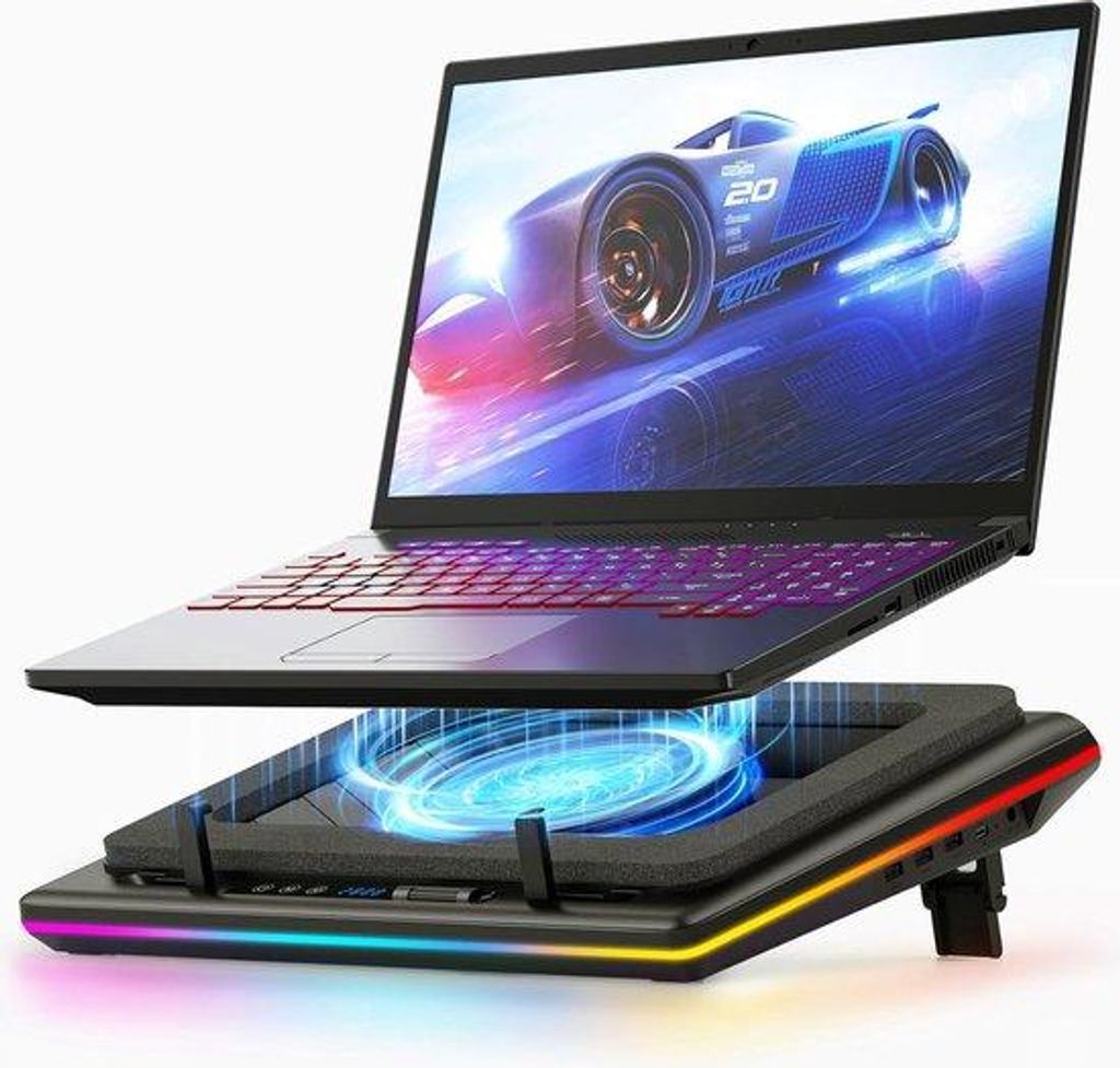Laptop-Kühler Metall 35,5 cm breit, 14 cm Turbo-Ventilator, RGB, HD LED, Touch, 360° Kühlung, USB-Hub, leise für Gamer & Profis