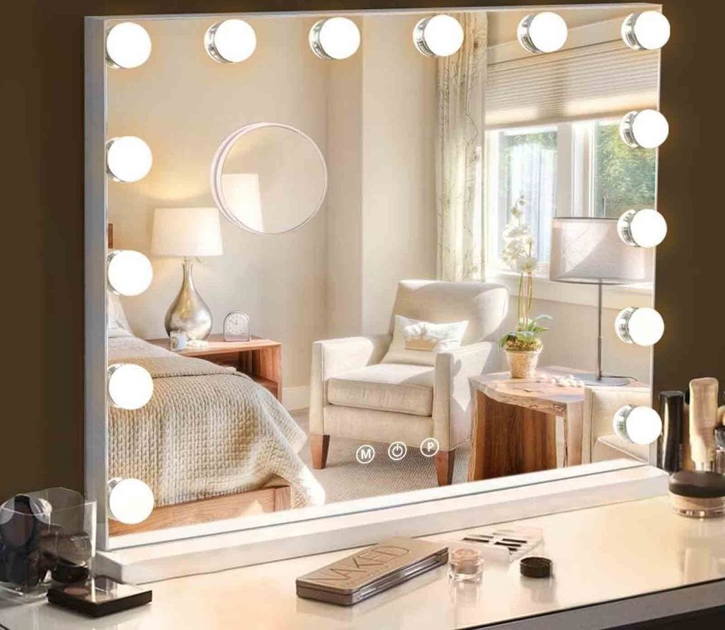 OKWISH Schminkspiegel Kosmetikspiegel 58x48cm Hollywood Spiegel Dimmbar mit 15 LED Beleuchtung 3 Lichtfarben, 10x Vergrößen, Wandspiegel Weiß