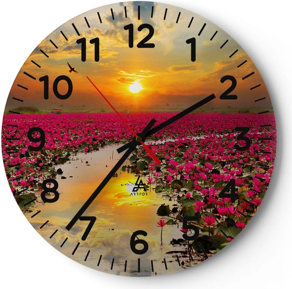 Wanduhr - Rund - Glasuhr - See Blumen - 40x40cm - Schleichendes Uhrwerk - Lautlos - zum Aufhängen bereit - Dekoration Modern - Wanddekoration aus ...
