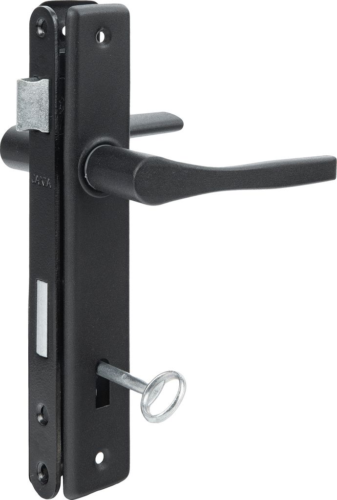 A black door handle set with a lock and key, shown against a white background.