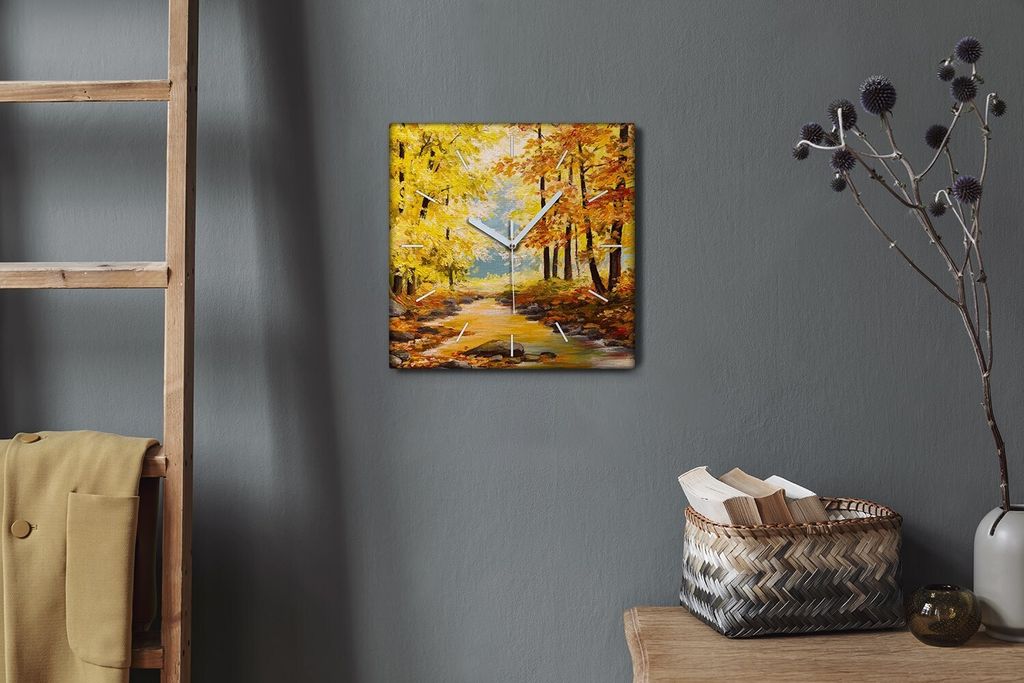 Coloray Hodiny Unikátní 30x30 cm Tiché hodiny Pro obývací pokoj a kuchyň Nástěnné hodiny Plátno Bílé ručičky hodin - Malování podzi...
