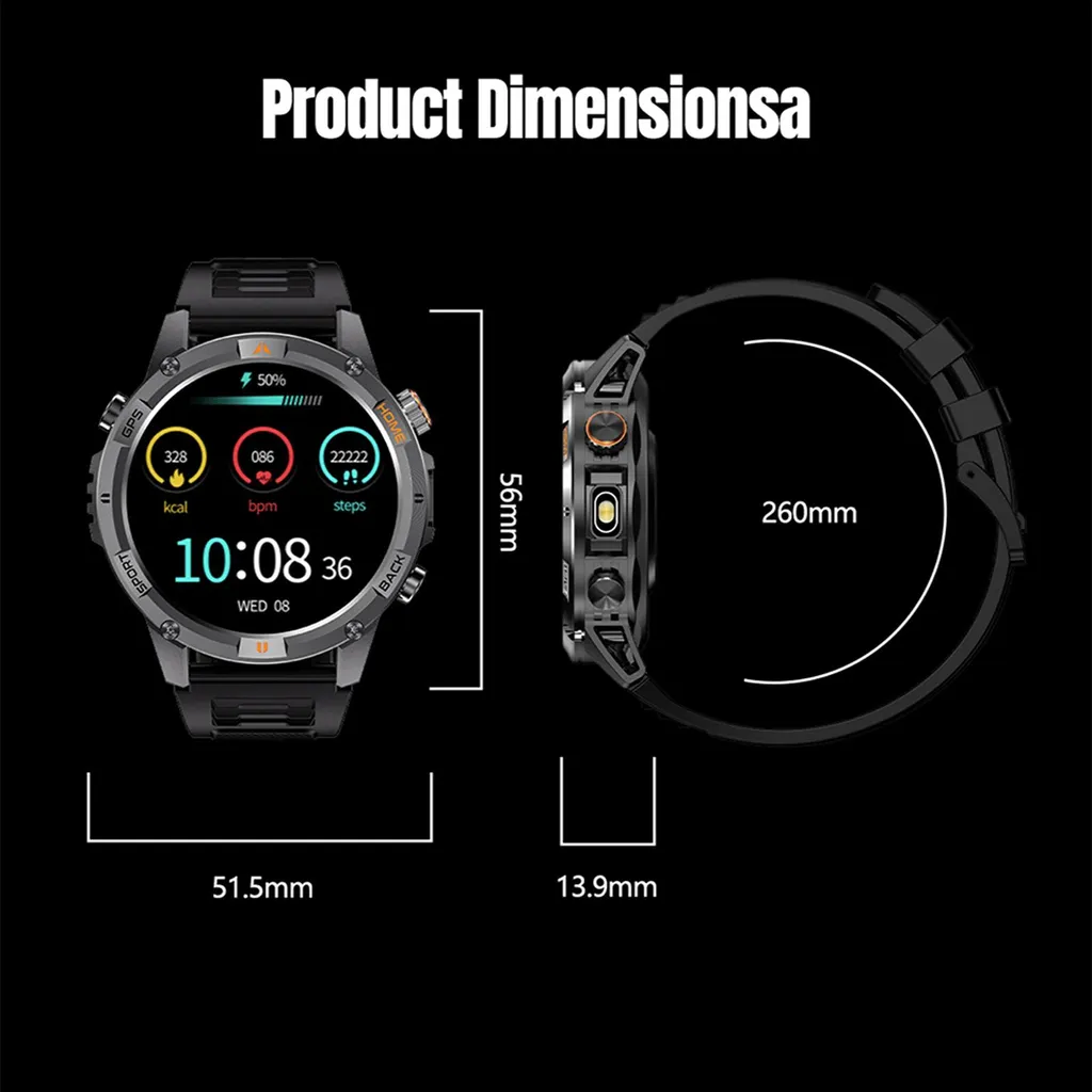 Montre GPS Extérieur pour Randonnée et Course avec Écran HD en Acier Noir