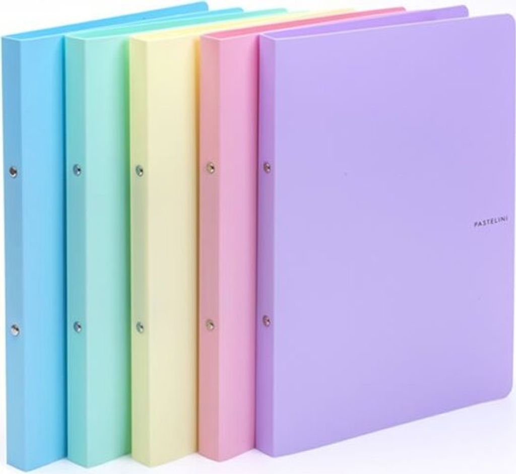A row of pastel-colored binders.