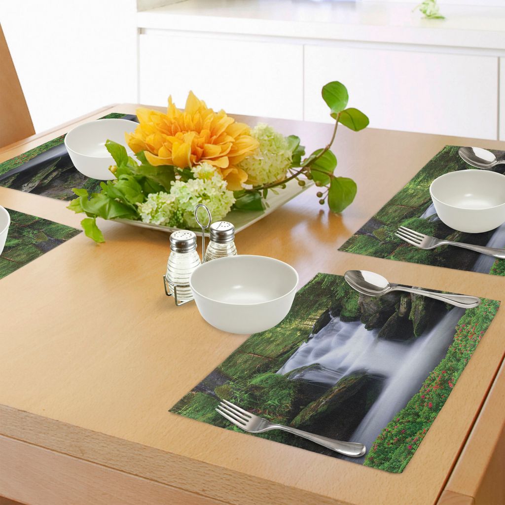 ABAKUHAUS Wasserfall Platzmatten, Traum wie Bild des Wasserfalls mit Bäumen und Blumen im Wald Mutter Natur, Tiscjdeco aus Farbfesten Stoff für d...