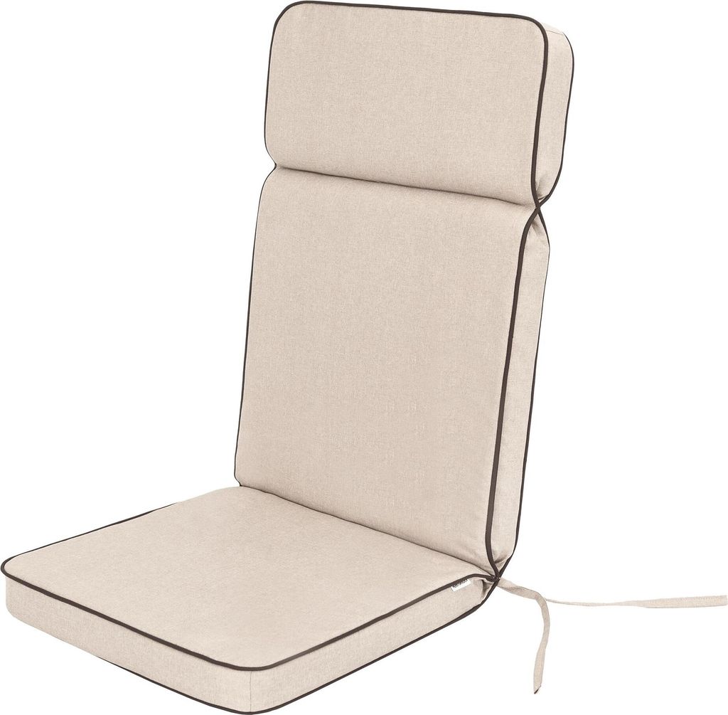 A beige high-back chair cushion with dark piping, shown against a white background.