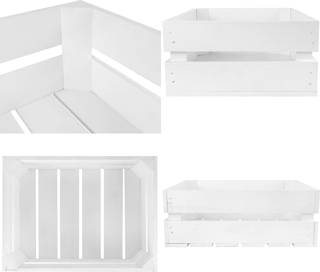 A collage of four images showing different views of a white wooden crate.