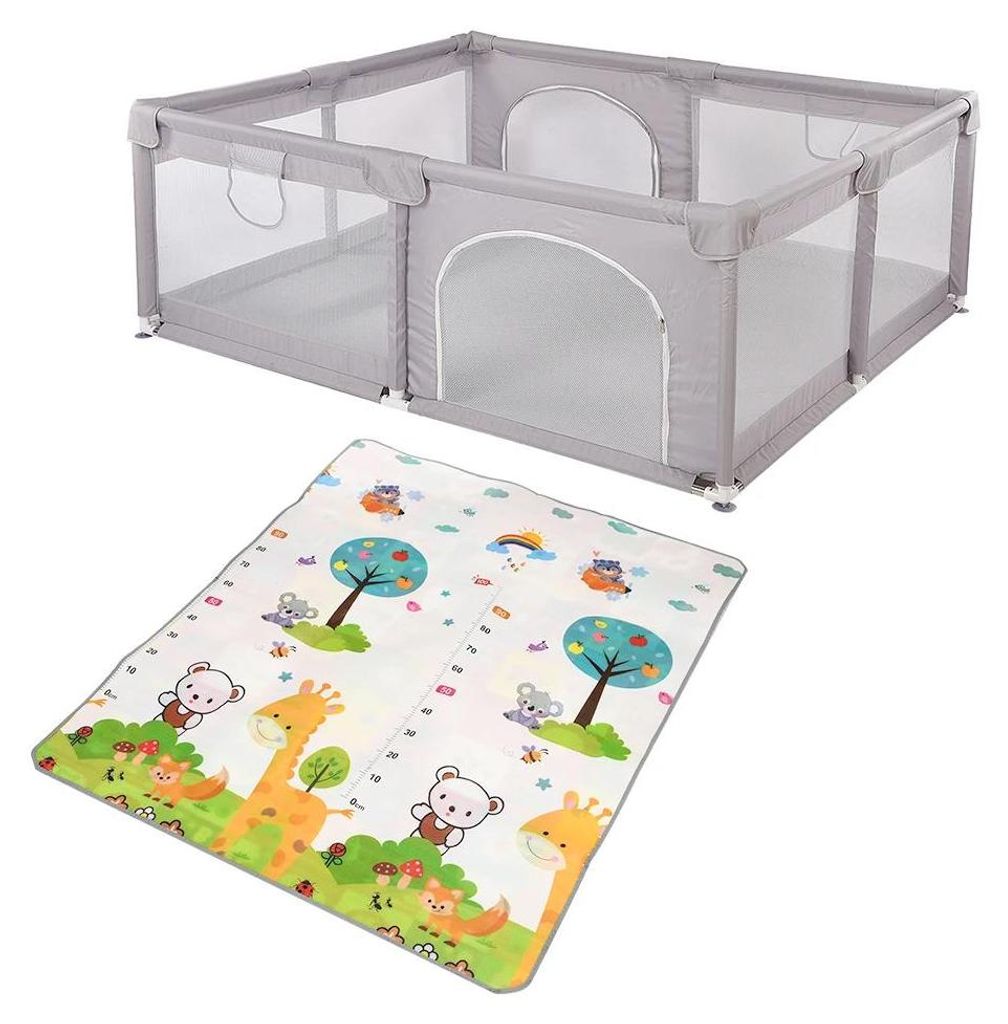Baby Laufstall - Laufgitter - 1,5 x 1,8 m - Metallrahmen - Sicherheitsgitter - Für drinnen - Grau