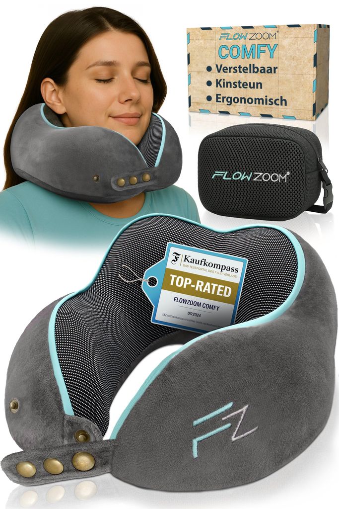 FLOWZOOM COMFY Traagschuim reisnekkussen 360°, grijs Productafbeelding 