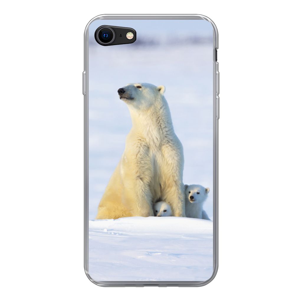 MuchoWow Handyhülle Schutzhülle Hülle für iPhone SE 2020 Eisbär - Schnee - Jungtiere Silikon Softcase Handy Hülle - Kartenbesitzer
