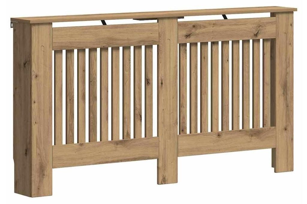 A wooden radiator cover with a slatted front.