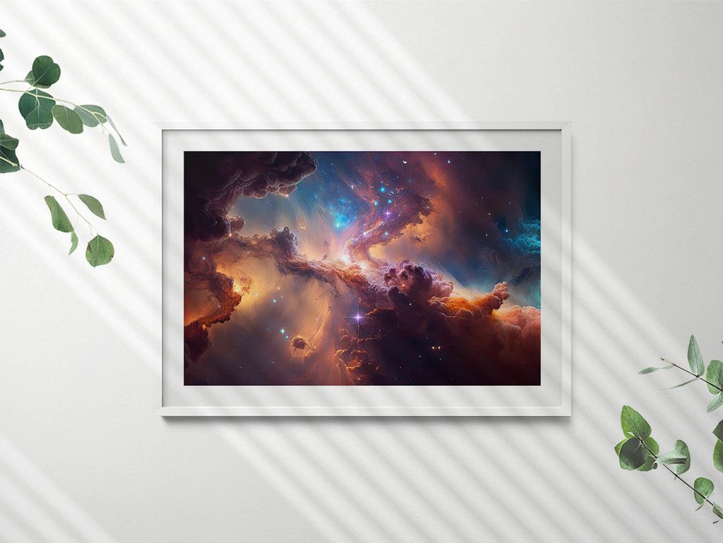 Kosmos Sternenwelt– Wandbild mit Rahmen – Gerahmtes Bild – Wanddekoration – 100x70 cm – Weiß Rahmen
