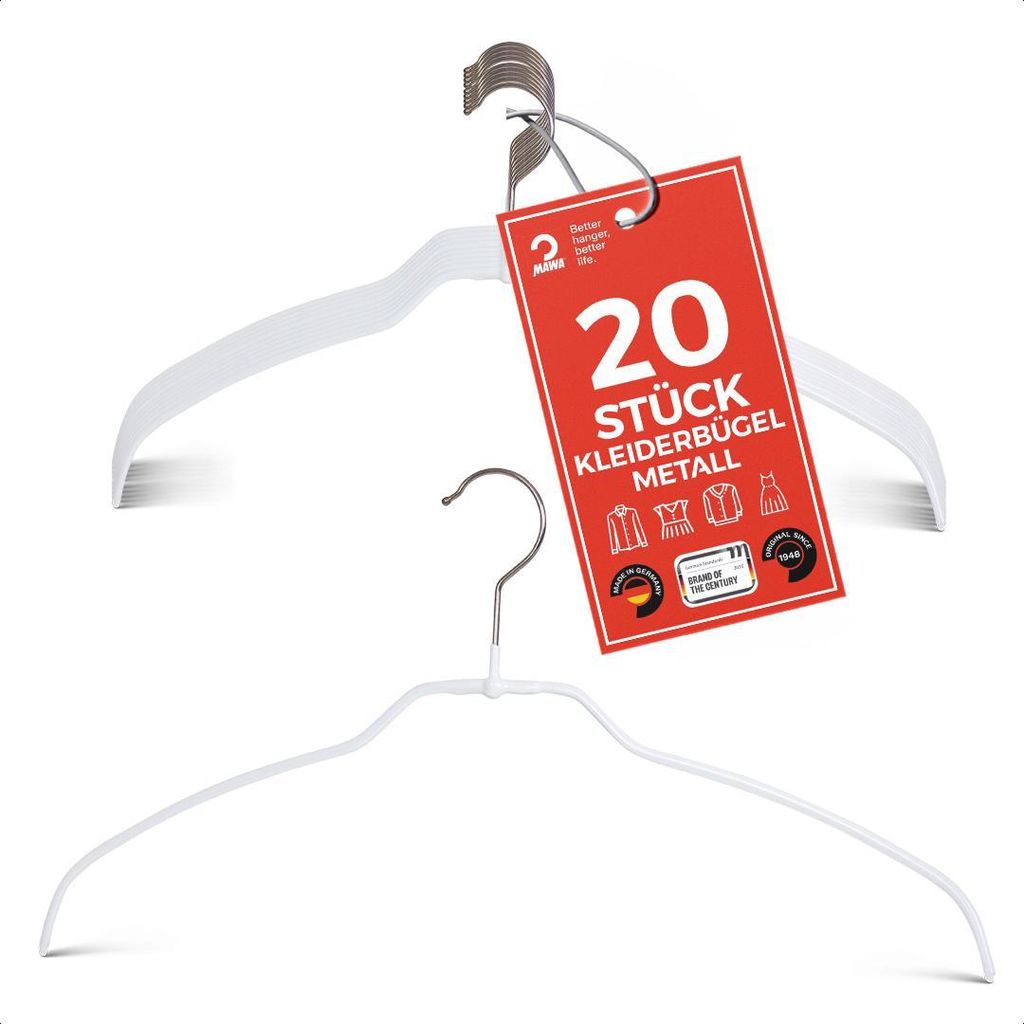 MAWA Light Kleiderbügel, 20er-Set, rutschfest, 42 cm, Weiß, Produktbild 
