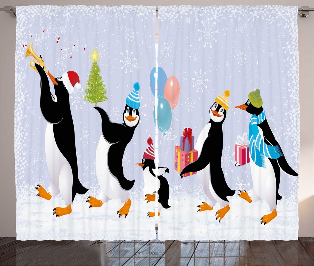 ABAKUHAUS Weihnachten Rustikaler Vorhang, Nette Pinguine in den Kappen, Wohnzimmer Universalband Gardinen mit Schlaufen und Haken, 280 x 225 cm, Me...