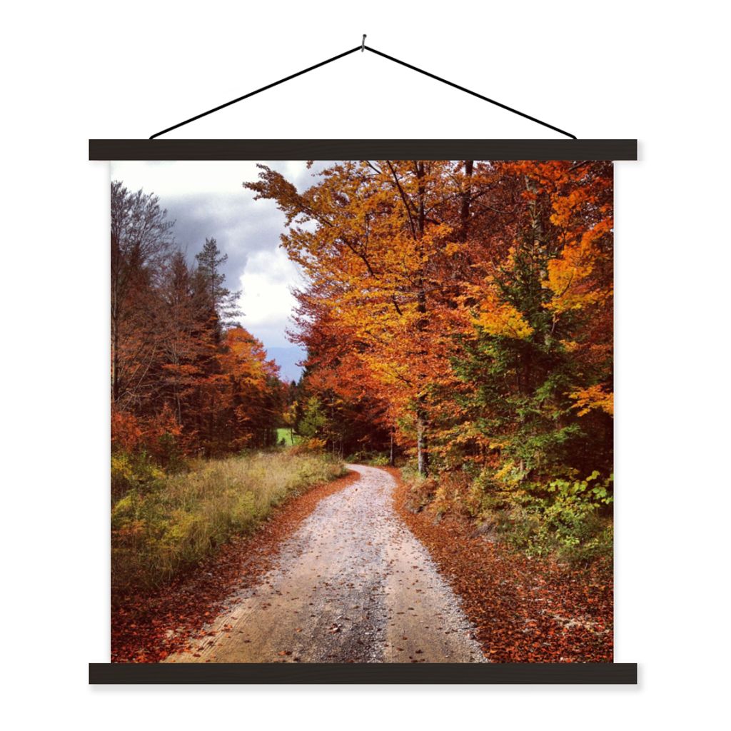 MuchoWow Textilposter Herbst - Herbstblätter - Weg - Wald 120x120 cm mit schwarzem Rahmen - Aufhängungsset